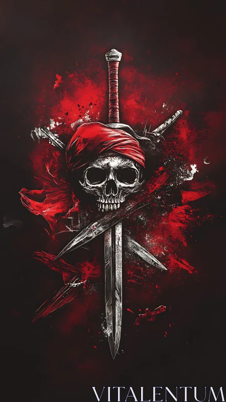 Crimson pirate skull rises amid crossed swords and swirling fire