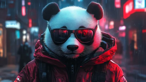 Anthropomorphic panda in neon-lit rain, high-contrast urban portrait