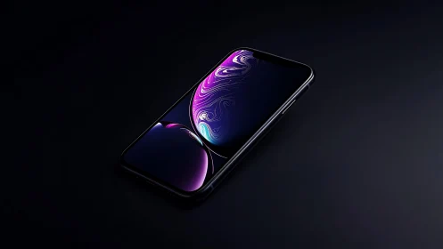 Modern smartphone with abstract neon display on black surface.