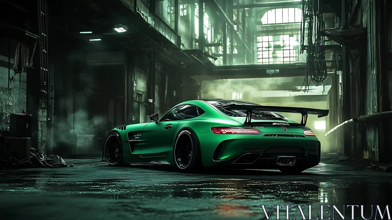 Emerald track car waits under industrial neon haze.