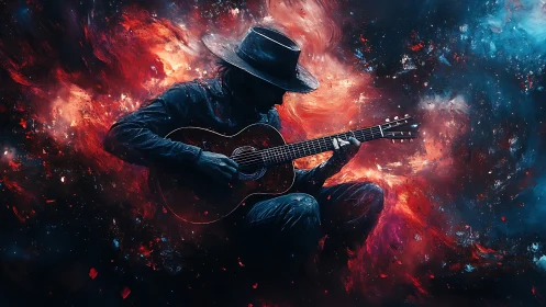 Guitarist silhouette in cosmic red and blue nebula field.