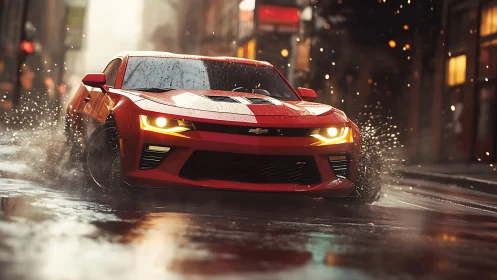 Red sports car powers through wet city street at speed.