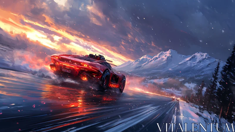 Winter highway blaze with a red supercar chasing sunset.