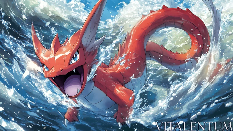 Fiery red sea dragon bursts from swirling ocean waves