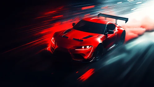 Red racing sports car drifting through neon motion trail.