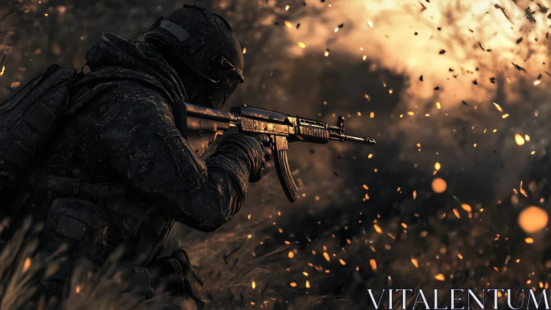 Soldier figure with rifle aims through debris-filled foreground