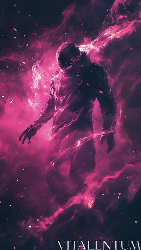 Cyberpunk astral figure in neon magenta particle storm.