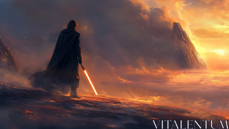 Cloaked warrior with plasma blade on molten dusk plateau