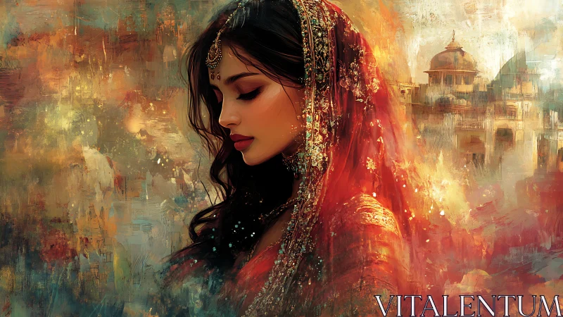 Elegant bride in red sari amid dreamy palace colors.