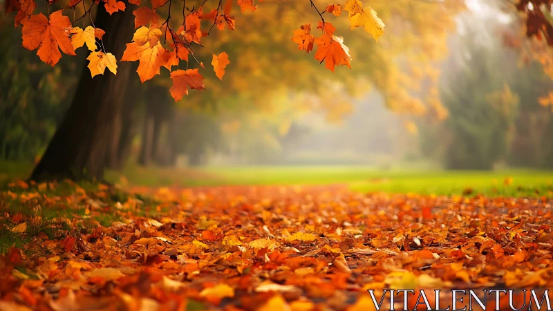 Autumn foliage carpet under soft bokeh light in parkland