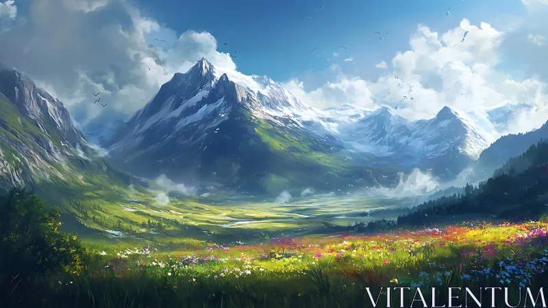Snowcapped mountain valley overlooks radiant wildflower meadow