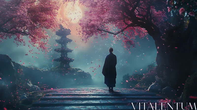 Moonlit cherry blossom path with a lone peaceful traveler.