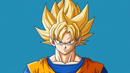 Golden-haired anime warrior ignites against clear blue sky.