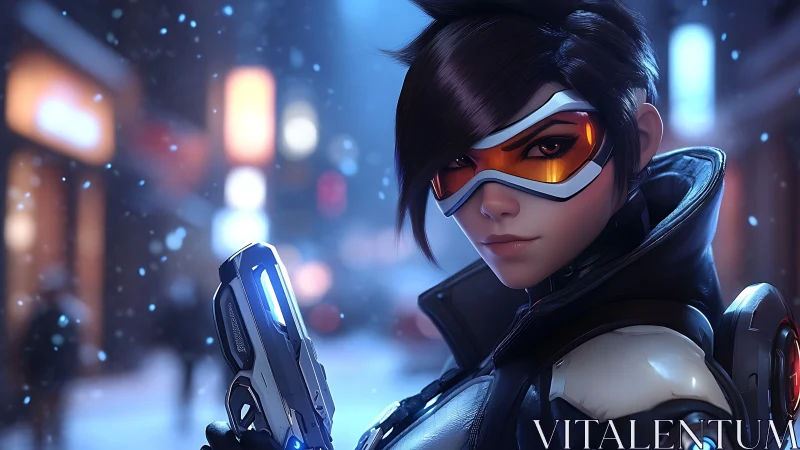 Cyberpunk heroine portrait with neon-lit urban snowfall focus.