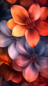 Stylized digital flowers with segmented petals in warm and cool tones.