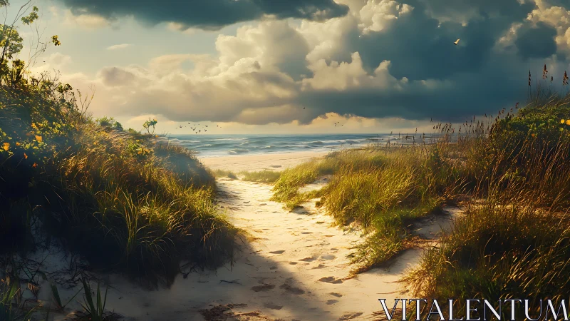 Coastal dune path under stormlit sky with warm rim lighting.