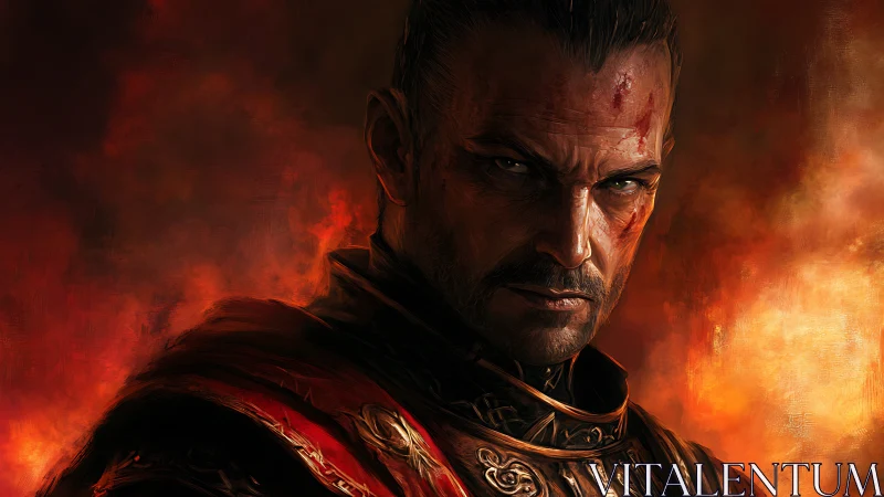 Armored warrior portrait against intense fiery backdrop.