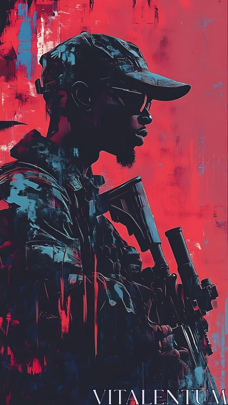 Digital painting profile of tactical soldier in neon abstraction.