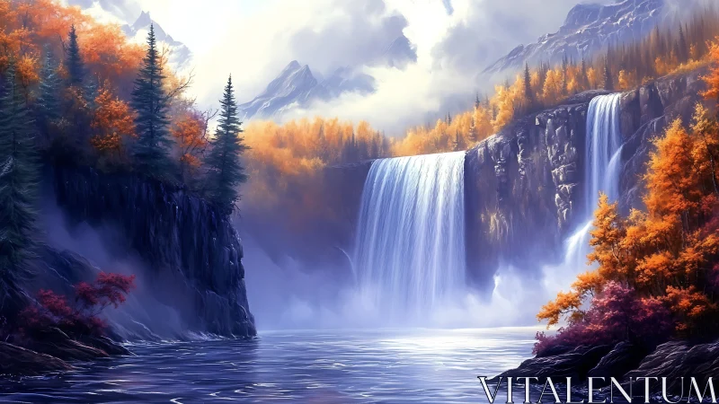 Majestic twin waterfalls plunge through autumn mountain valley.
