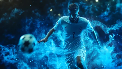 Soccer player bursts through blue energy smoke in motion