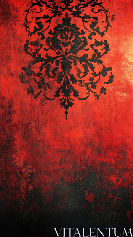 Ornate black damask floats over distressed red wall.