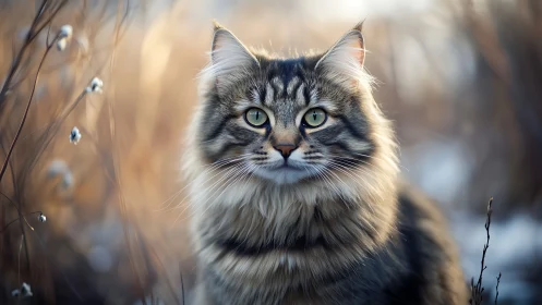 Long-Haired Tabby Cat with Blue Eyes in Winter Setting.