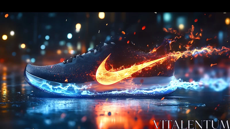 Running shoe with fiery logo and electric sole on wet street.