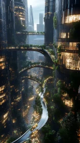Skybridges and neon gardens weave through twilight towers.