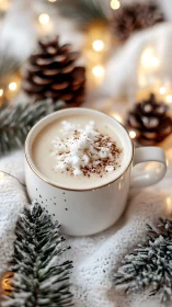 Cozy winter latte with snowflake foam and soft twinkle lights.