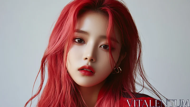 Crimson-haired muse studies the lens with velvet stillness