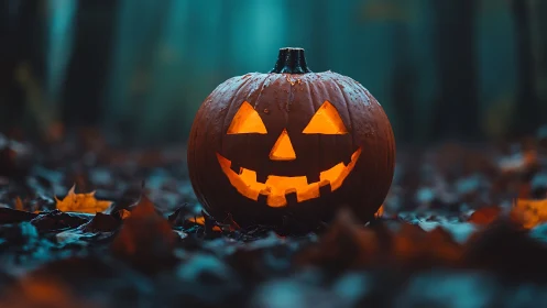 Jack-o’-lantern glows through misty forest floor twilight