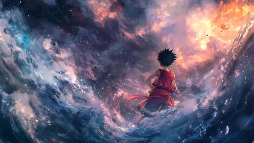 Stormlit dream voyager standing before a cosmic sea.