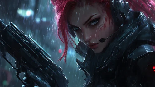 Cyberpunk sniper locks on target in neon city downpour