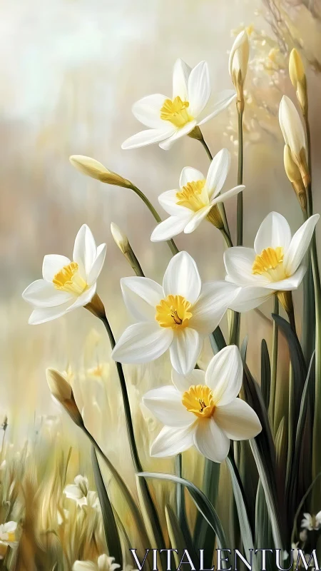White Daffodils with Golden Centers in Spring Sunlight.