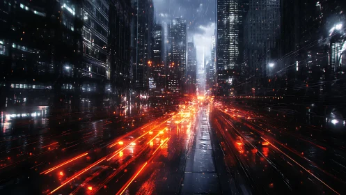High-speed neon traffic streaks in rain-soaked cyberpunk megacity