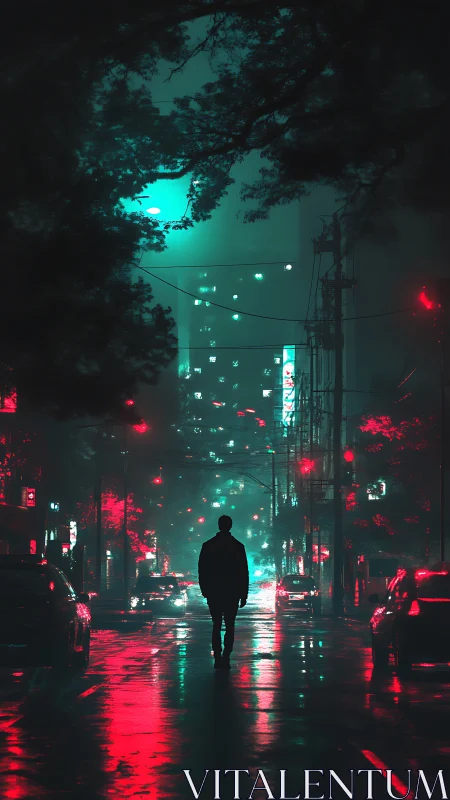 Neon rain crowns a lone wanderer in electric city fog