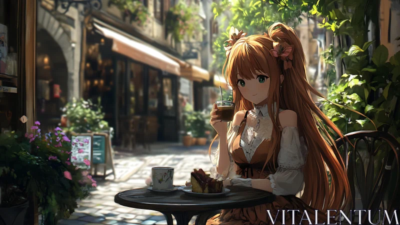 Anime girl enjoying dessert at sunny outdoor cafe.