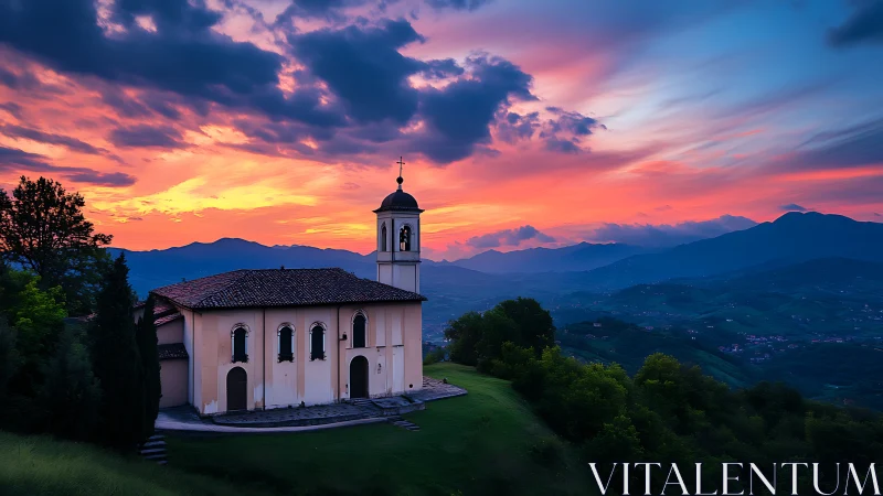 Hilltop chapel rests quietly beneath a glowing mountain sunset