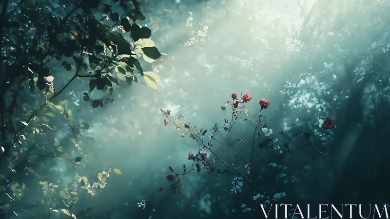 Soft dawn light illuminates red roses inside misty forest