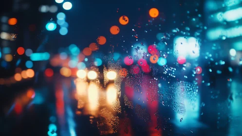 Neon city traffic glows through rain‑streaked window glass.