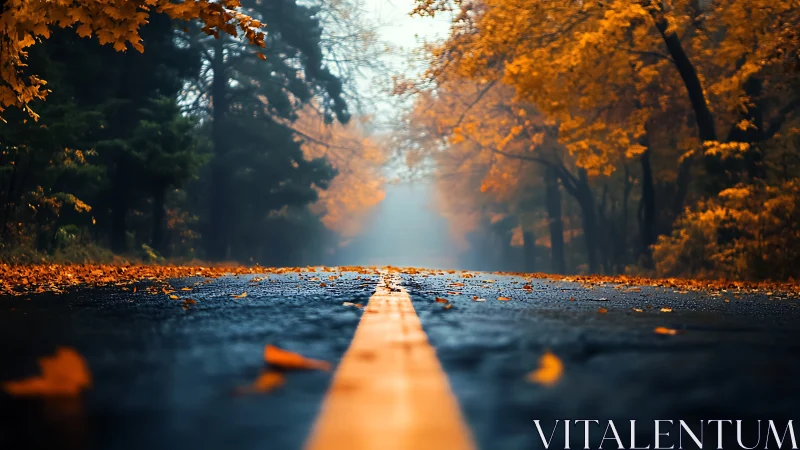 Wet asphalt road through autumn forest with low viewpoint.
