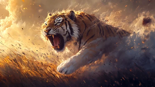 Ferocious tiger charge through embers in dynamic lighting.