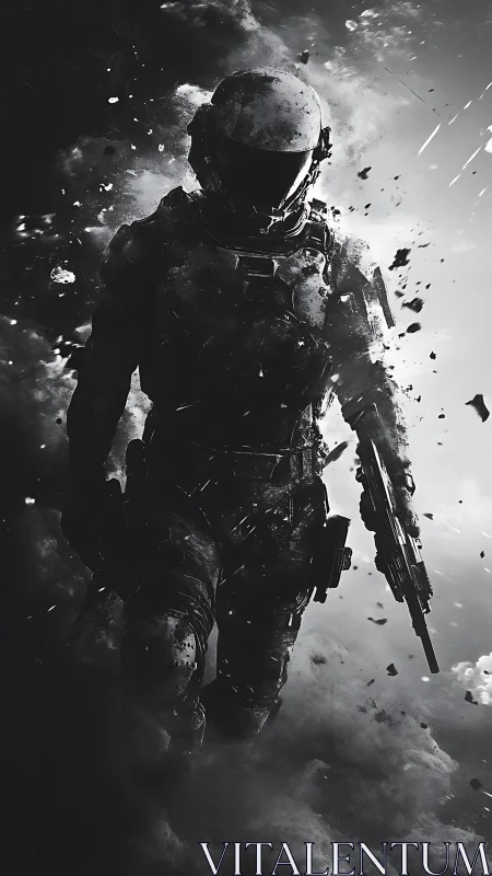 Armored space soldier strides through burning debris field