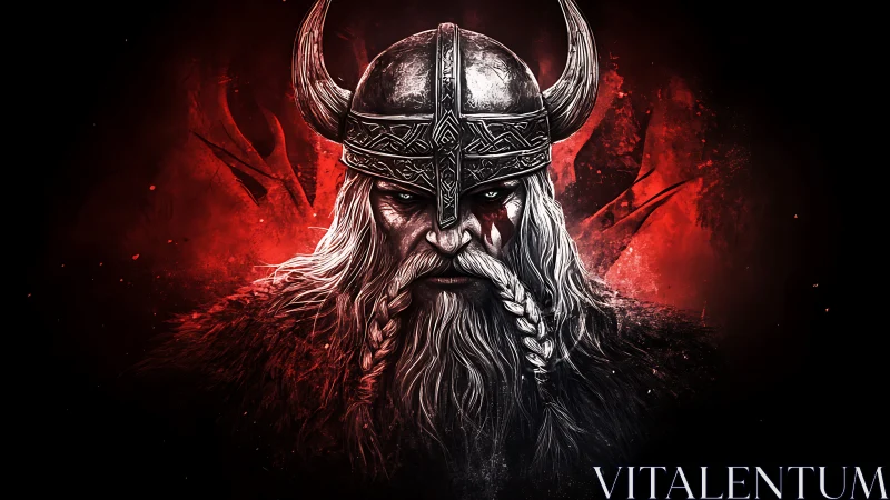 Bloodlit viking warlord stares through the storm of embers.