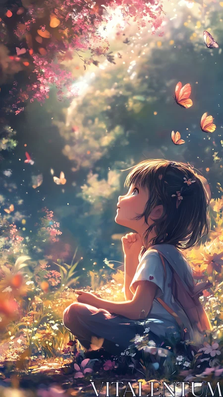 Wonderstruck child in butterfly-lit forest daydream glow.
