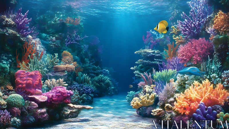 Coral reef ecosystem with tropical fish under clear water.