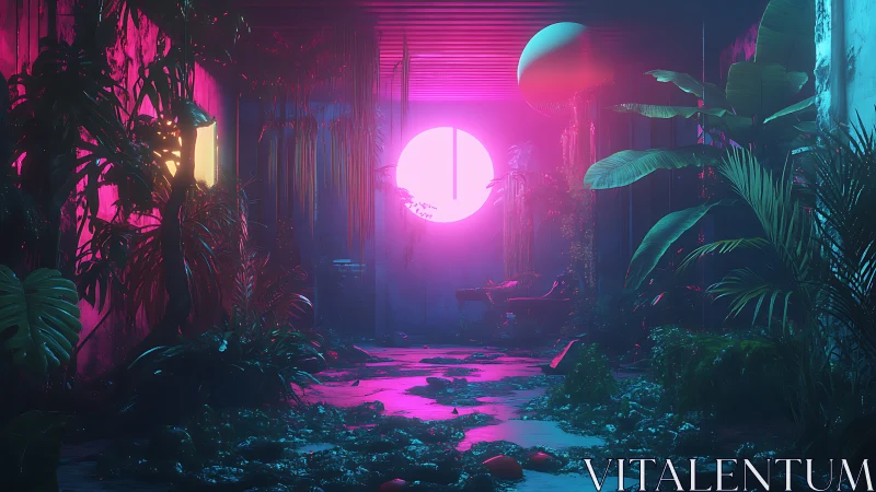 Neon sun floods overgrown cyber hallway with lush plants.