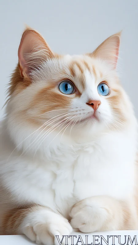White feline portrait with blue eyes and light brown markings.
