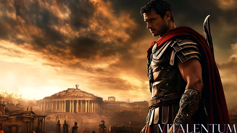 Roman armored figure before classical city at sunset.