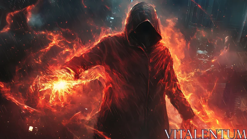 Hooded pyromancer channels eruptive fire in neon rainstorm